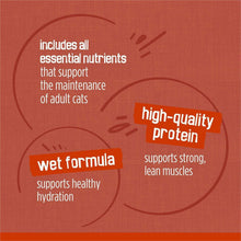 Cat food panel with wet formula benefits and high-quality protein for adult cats