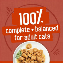 Cat food panel with 100% complete label and bowl of cat food bites
