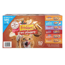 Cat food variety pack box with Friskies gravy pleasers branding and cat face