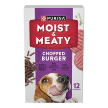 Purina Moist & Meaty Chopped Burger Real Beef dog food, 12 pouches box front