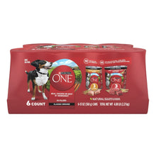 Purina ONE natural wet dog food 6-count variety pack, red can carrier
