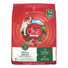Purina ONE Plus small breed adult dry dog food bag, red pouch with 7.4 lbs badge