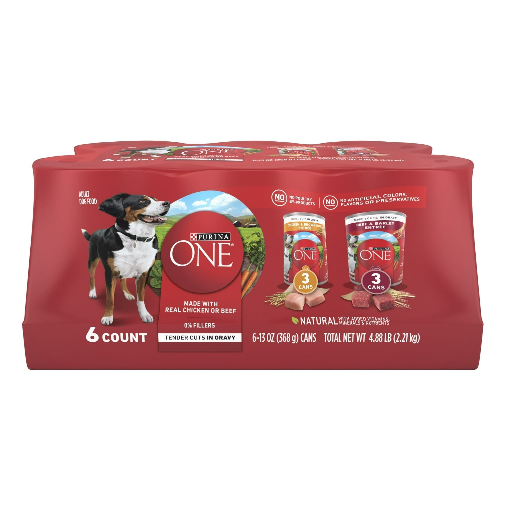 Purina ONE Tender Cuts in Gravy Chicken and Brown Rice, and Beef and Barley Entrees Wet Dog Food Variety Pack, 13 oz Cans ()