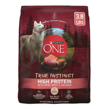 3.8 lb dry dog food bag with Purina ONE True Instinct branding and real beef & salmon.