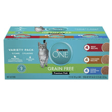 Purina ONE grain-free wet cat food variety pack carton with 12 flavor labels