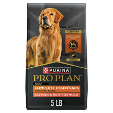 Dry dog food bag, 5 lb, with golden retriever and Pro Plan Complete Essentials branding