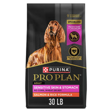 Purina Pro Plan adult dog food bag, salmon & rice sensitive skin formula, 30 lb
