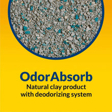 Natural clay cat litter granules with odor absorb and deodorizing system label.