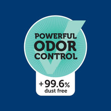 Cat litter label graphic: powerful odor control and +99.6% dust free claim.