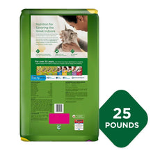 Purina Cat Chow Indoor dry cat food bag back panel, 25 pounds size badge.