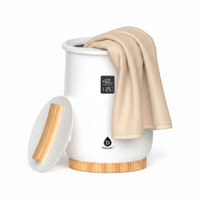 White towel warmer with wooden base and beige towel over the top lid