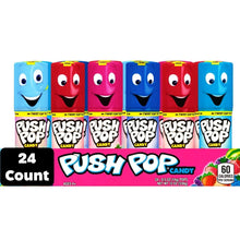 Variety pack candy box with colorful Push Pop tubes and 24 count label, ages 4+