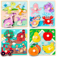 Wooden peg puzzle set with 4 colorful boards: dinosaurs, sea animals, farm, fruit