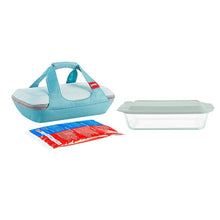 Glass baking dish set with clear lid, carrying case, and cold pack wrap