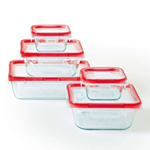 Stacked glass food storage containers with red airtight lids, 10-piece set