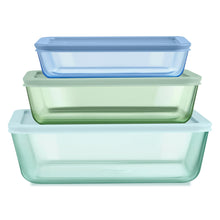 Tinted plastic rectangle storage containers with blue and green lids, stacked set