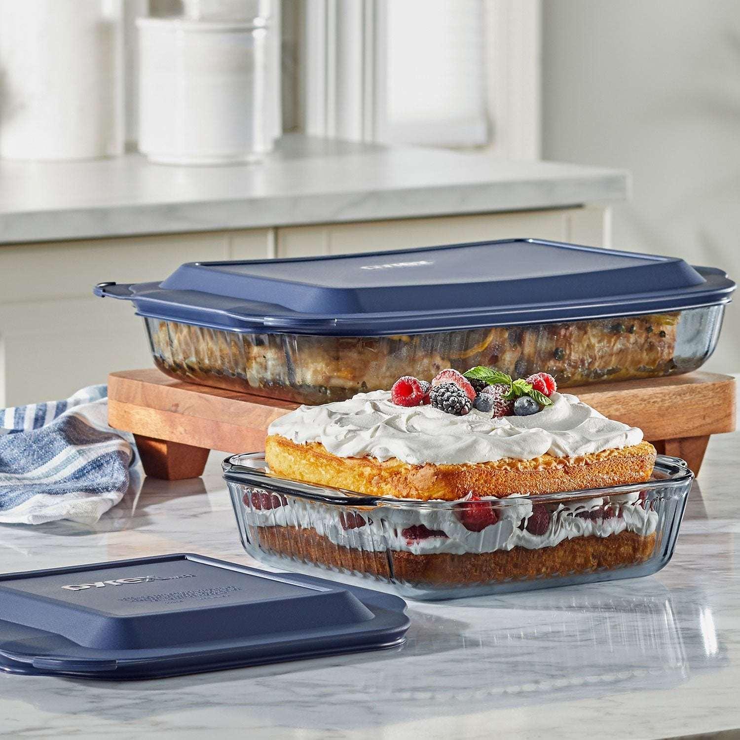 Pyrex Sculpted Tinted 4-Piece Glass Baking Dish Set with Airtight Lids - USA MEGA SHOP