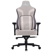 Beige gaming chair with gray contrast panels, high back, and padded seat