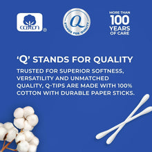 Q-tips cotton swabs box showing cotton swabs and "Q" quality branding