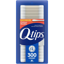 Q-tips Hygiene Shield cotton swabs package with 300 count and stacked white cotton swabs