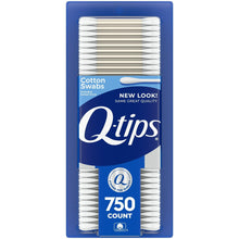 Cotton swab pack with 750 count in blue box, white cotton tips and paper stems