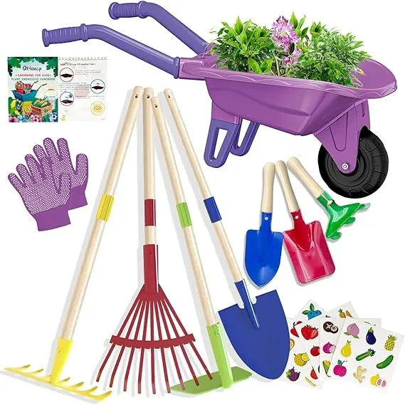 Kids Gardening Set with Wheelbarrow, Real Metal Garden Tools for Kids Ages 3-8, 4 Long Handle Tools, 3 Hand Tool, Gloves, 5 Stickers, Handbook, Outdoor Backyard Toys for Toddler Gift