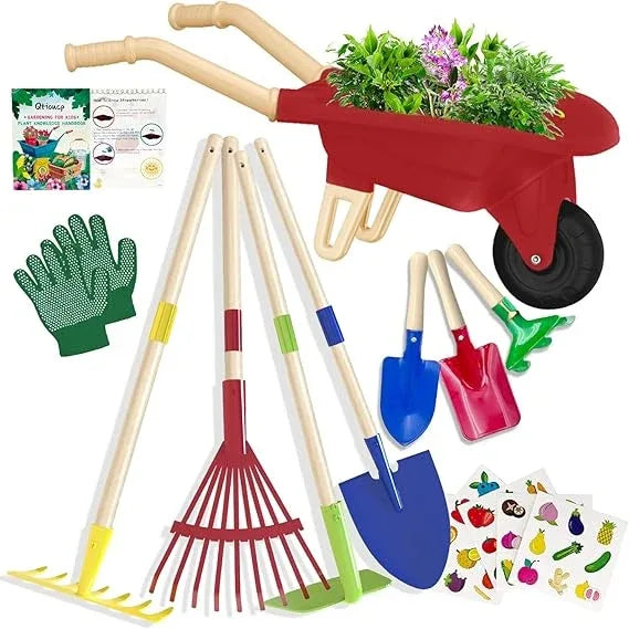 Kids Gardening Set with Wheelbarrow, Real Metal Garden Tools for Kids Ages 3-8, 4 Long Handle Tools, 3 Hand Tool, Gloves, 5 Stickers, Handbook, Outdoor Backyard Toys for Toddler Gift