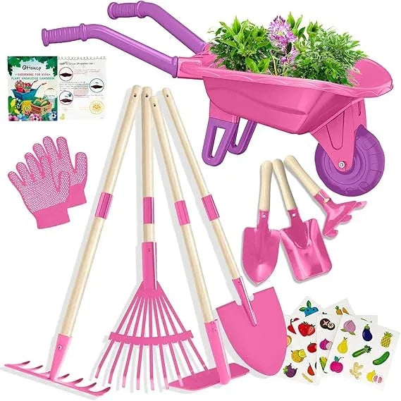 Kids Gardening Set with Wheelbarrow, Real Metal Garden Tools for Kids Ages 3-8, 4 Long Handle Tools, 3 Hand Tool, Gloves, 5 Stickers, Handbook, Outdoor Backyard Toys for Toddler Gift