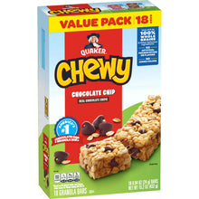 Quaker Chewy chocolate chip granola bar value pack box, 18 bars