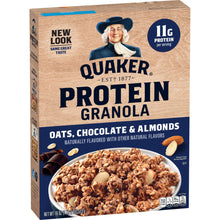 Quaker Protein Granola box front, oats, chocolate & almonds flavor, 18 oz