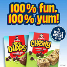 Quaker Chewy Dips boxes with '100% fun, 100% yum' text and whole-grains badge