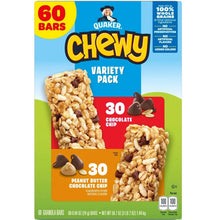 Quaker Chewy variety pack granola bars box showing peanut butter and chocolate chip
