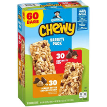 Quaker Chewy granola bar variety pack box, 60 bars