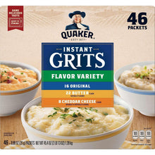 Quaker Instant Grits flavor variety box front, bowls shown and 46 packets