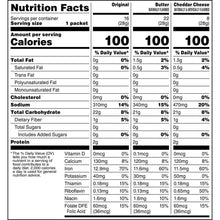 Quaker Instant Grits Nutrition Facts label: Original, Butter, and Cheddar Cheese