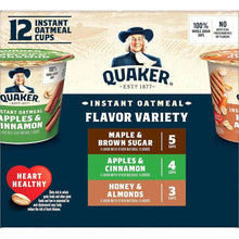 Quaker instant oatmeal flavor variety pack with 12 cups and four flavors.