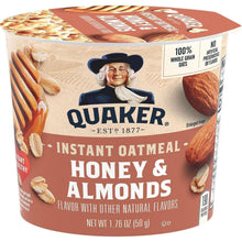 Quaker instant oatmeal cup, honey & almonds flavor with other natural flavors.