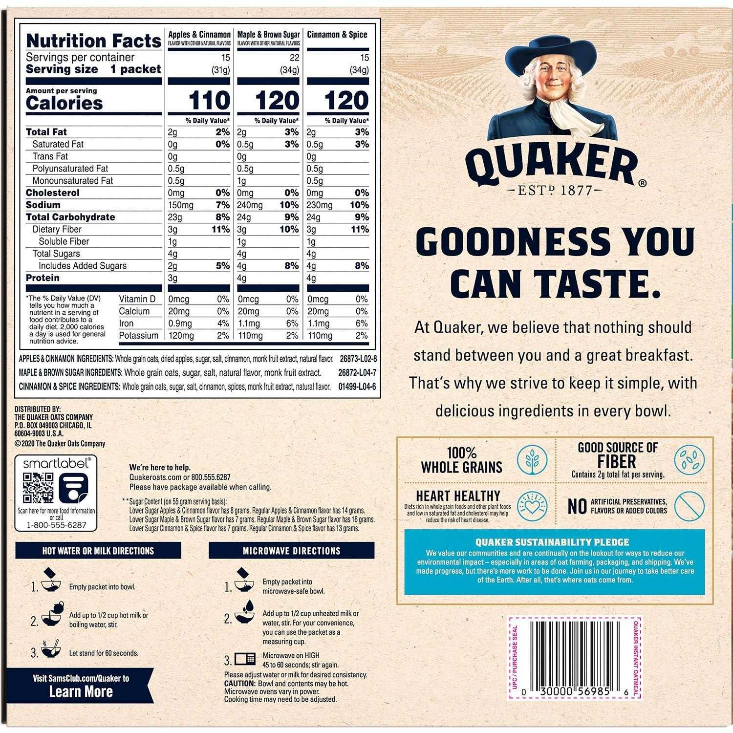 Quaker Lower Sugar Instant Oatmeal, Variety Pack, 1.17 oz., 52 pk. - USA MEGA SHOP