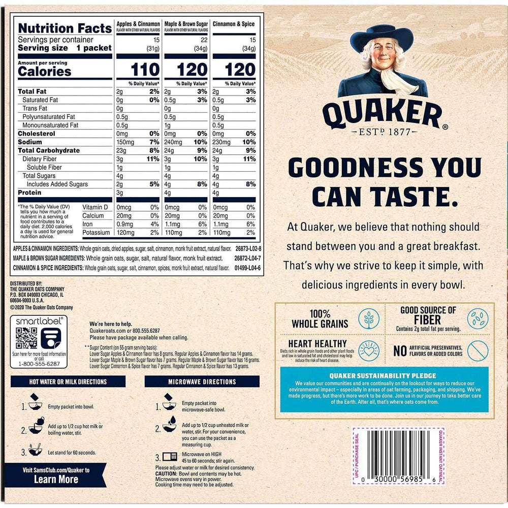 Quaker Lower Sugar Instant Oatmeal, Variety Pack, 1.17 oz., 52 pk. - USA MEGA SHOP