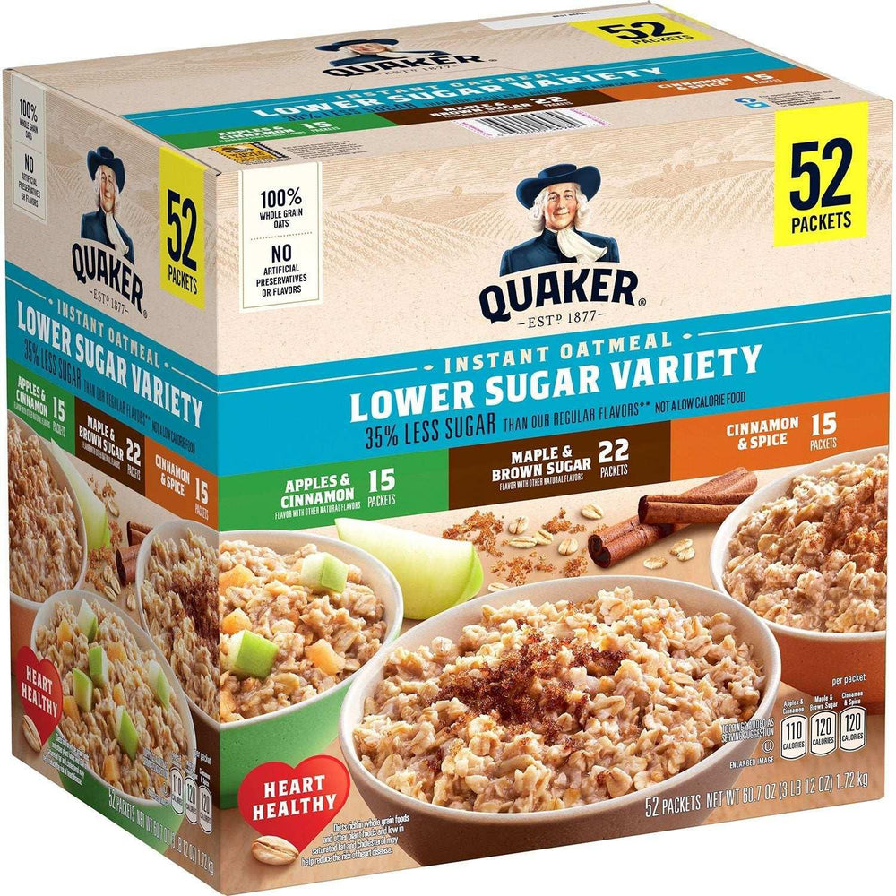 Quaker Lower Sugar Instant Oatmeal, Variety Pack, 1.17 oz., 52 pk. - USA MEGA SHOP