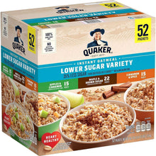 Instant oatmeal lower sugar variety pack box with 52 packets, front view