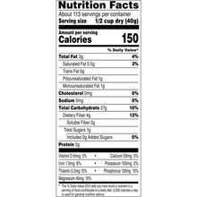 Quaker oats nutrition facts panel showing calories, fat, carbs, fiber