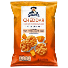 Cheddar rice crisps bag with flavor label and whole-grain serving icons