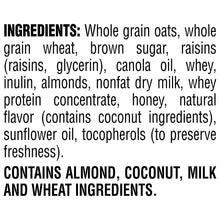 Granola ingredients list on the back of the pouch, including oats and raisins