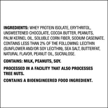 Ingredients list for peanut butter cups: whey protein isolate, erythritol, cocoa butter