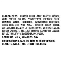 Protein bar ingredients panel with milk, almonds, soy, and unsweetened cocoa