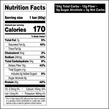 Nutrition Facts for 1 bar (60 g): 170 calories and 20 g protein