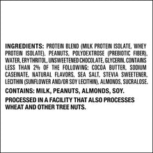 Protein bar ingredients panel listing milk, peanuts, almonds, and soy