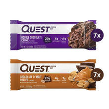 Assorted protein bars: double chocolate and chocolate peanut, two wrapped 7-bar packs
