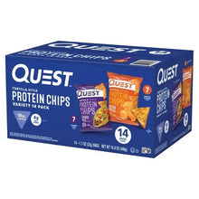 Quest tortilla-style protein chips variety pack, side view, 14 bags shown on blue carton